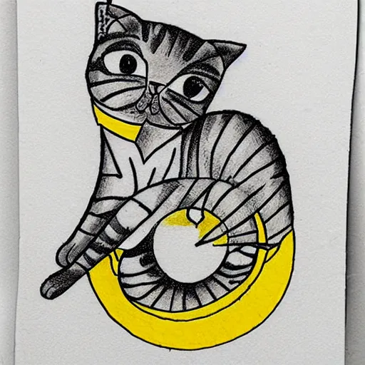 Image similar to tattoo sketch of a cat hugging the sun, on a yellow paper, byzantium ornament, line art