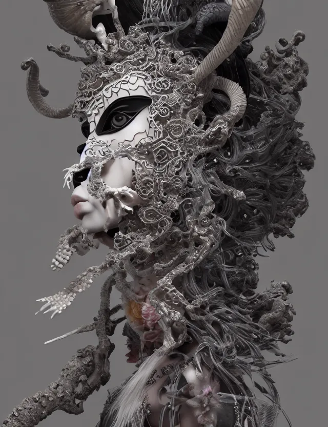 Image similar to 3 d goddess of hell close - up profile portrait with ram skull. beautiful intricately detailed japanese crow kitsune mask and clasical japanese kimono. betta fish, jellyfish phoenix, bio luminescent, plasma, ice, water, wind, creature, artwork by tooth wu and wlop and beeple and greg rutkowski