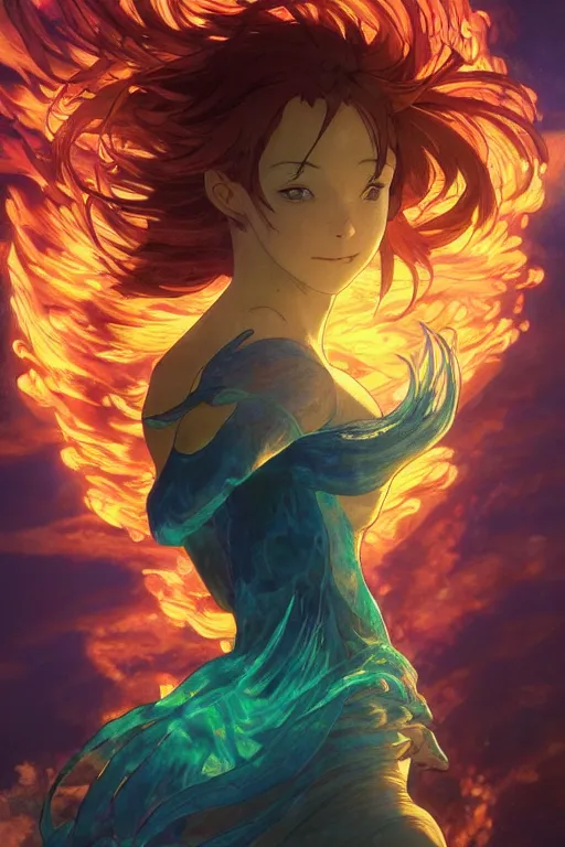 Image similar to a beautiful render of a beautiful female fire sprite, flames, anime, manga, a beautiful face, perfectly shaded, atmospheric lighting, style of makoto shinkai, raphael lacoste, louis comfort tiffany, artgerm, karol bak, james jean, alphonse maria mucha