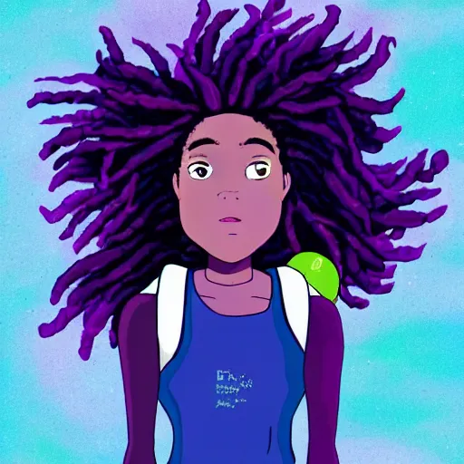 Prompt: black woman with purple dreads in space in the style of ghibli