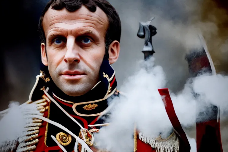 Prompt: closeup portrait of emmanuel macron dressed as napoleon with a cannon in the street, natural light, sharp, detailed face, magazine, press, photo, steve mccurry, david lazar, canon, nikon, focus