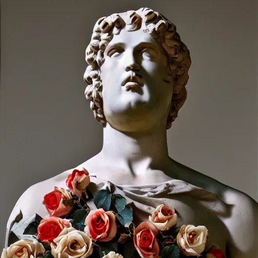 Prompt: a portrait of a greek statue covered in roses