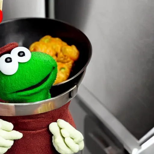 Image similar to italian chef cooking a muppet in a pot