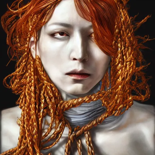 Image similar to portrait of a Shibari rope wrapped face and neck, headshot, insanely nice professional hair style, dramatic hair color, digital painting, of a old 17th century, old cyborg merchant, amber jewels, baroque, ornate clothing, scifi, realistic, hyperdetailed, chiaroscuro, concept art, art by Franz Hals and Jon Foster and Ayami Kojima and Amano and Karol Bak,