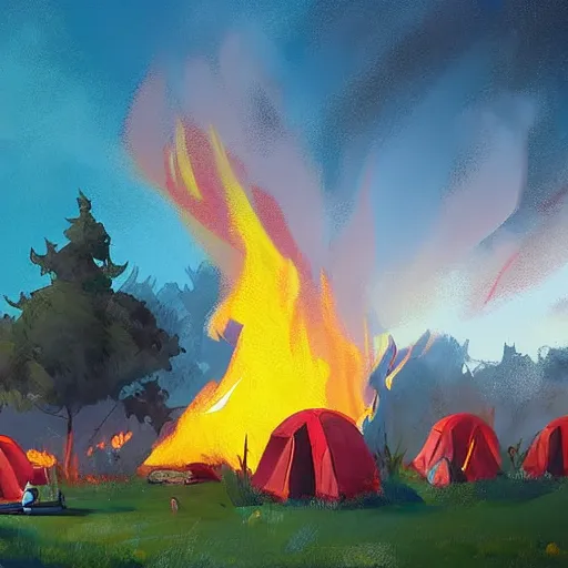 Image similar to a camp with tents on fire, burning down, shadows of girls watching the camp burn, painted by Sylvain Sarrailh