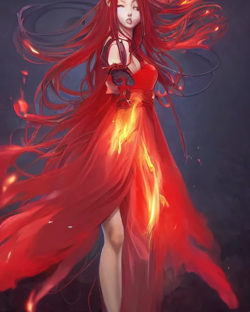 red eyed beautiful long haired anime girl, red dress, | Stable Diffusion