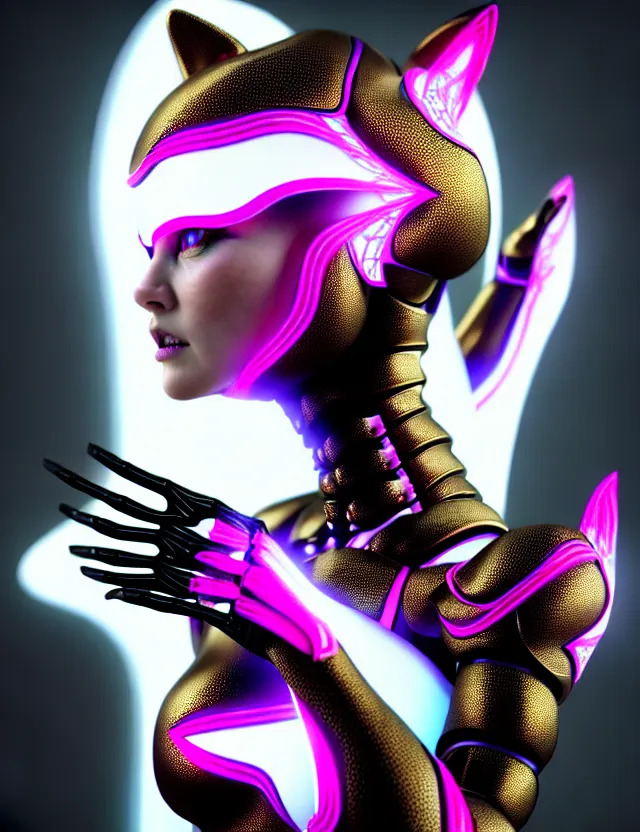 Prompt: complex 3 d render of a beautiful porcelain dark robot - cat woman with glowing reptile neon eyes magenta gold and white games and diamond skin, fractal veins, fractal hair, 1 5 0 mm, beautiful natural soft light, rim light, gold fractal details, fine lace, mandelbot fractal anatomical, glass, facial muscles, elegant, ultra detailed, metallic armor, octane render