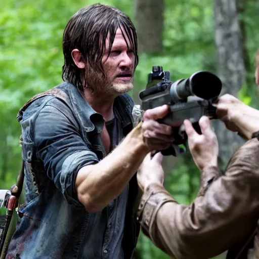 Image similar to Daryl Dixon shooting Rick Grimes in the waking dead, artistic