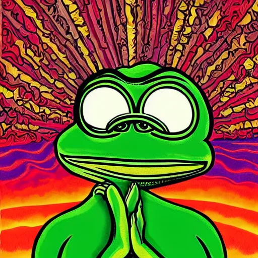 Prompt: a portrait of pepe the frog meditating and reaching nirvana, by matt furie