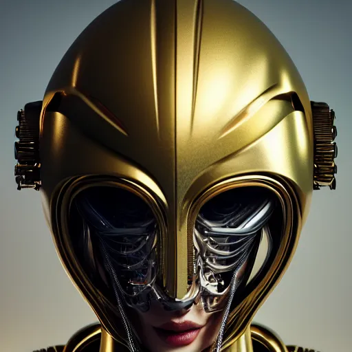 Image similar to complex 3 d render, ultra detailed, beautiful natural light, studio lights, rim light, white background, fascinating biomechanical female, 1 5 0 mm lens, golden helmets with tree details, elegant, hyperrealistic, ultra detailed, octane render, h. r. giger style, volumetric lighting, 8 k post - production