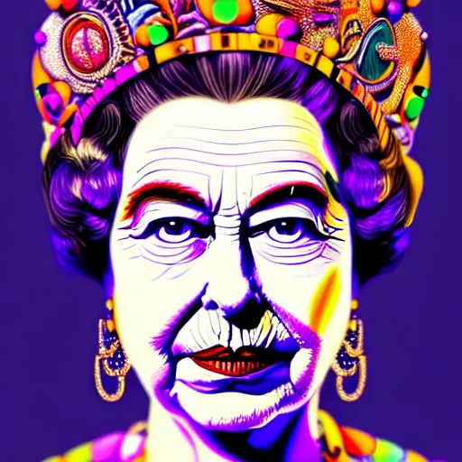 Image similar to An extremely psychedelic portrait of Queen Elizabeth, surreal, LSD, face, detailed, intricate, elegant, lithe, highly detailed, digital painting, artstation, concept art, smooth, sharp focus, illustration