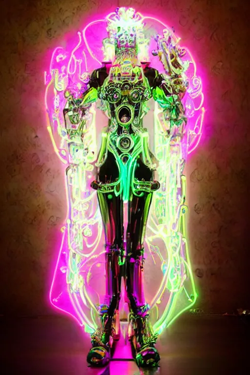 Image similar to full-body baroque and bladerunner style pink neon statue of a beautiful goddess ((mech humanoid)) dancing sim roupa, (((glowing white face))), (crown of golden steampunk gears), emeralds, swirling silver silk fabric. futuristic elements. prismatic liquid rainbow light, full-length view. space robots. (((human skulls))). throne made of bones, intricate artwork by caravaggio. Trending on artstation, octane render, cinematic lighting from the right, hyper realism, octane render, 8k, depth of field, 3D