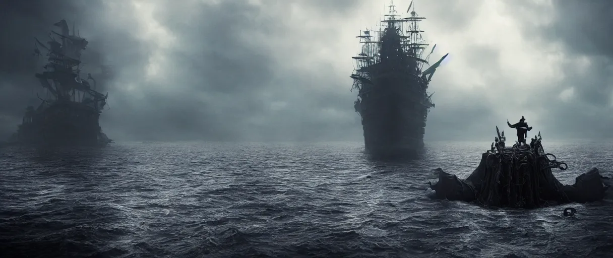 Image similar to a pirate standing on his ship a giant monster craft merging out of the water, beautiful dramatic moody lighting, cinematic atmosphere, high detail, 8k, ornate, dark fantasy, masterpiece, complex, film still from the movie directed by Denis Villeneuve with art direction by Gregory Crewdson, Joel Sternfeld