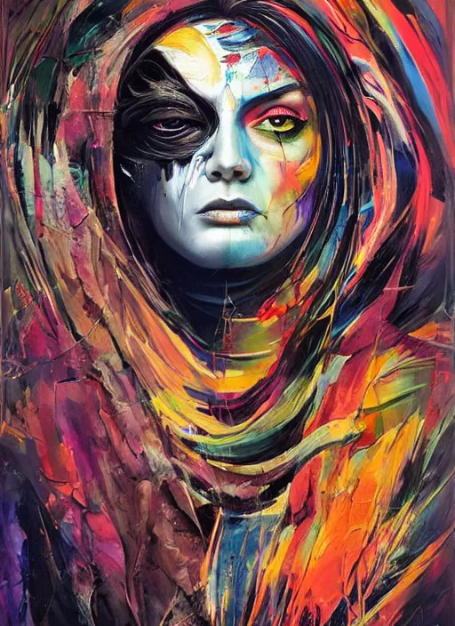 Image similar to abstract expressionist tripping magic cult psychic woman, painted face, third eye, energetic consciousness psychedelic, epic surrealism expressionism symbolism, story telling, iconic, dark robed, oil painting, symmetrical face, dark myth mythos, by sandra chevrier, bruce pennington, joan mitchell masterpiece