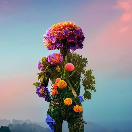 Image similar to A picture of a planet of various flowers, fungus and plants, in which the human figure is dressed in something magical and impressive, inside the picture is infinity, sunset light, Atmospheric phenomenon, artistic photography, muted colors, conceptual