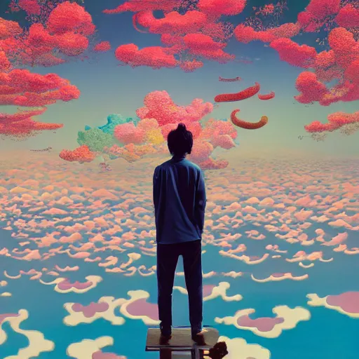 Image similar to a man walking on clouds away from the camera above kyoto by takashi murakami, beeple and james jean, aya takano color style, 4 k, super detailed, modern, 4 k, symmetrical