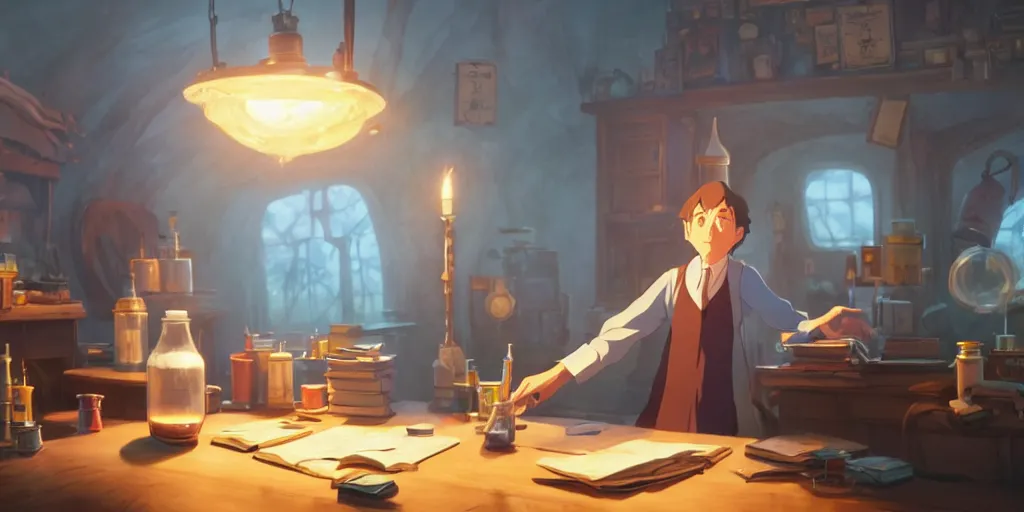 Image similar to a wizard with brown hair is standing at his desk working with jars of liquids, beakers of bubbling potions, coherent, medium shot, waist up, studio ghibli, pixar and disney animation, sharp, rendered in unreal engine 5, anime key art by greg rutkowski, bloom, dramatic lighting