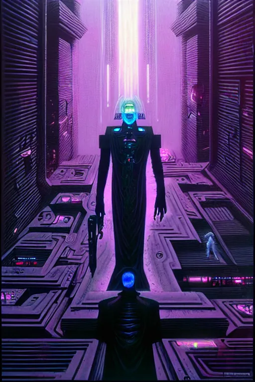 Prompt: a cyberpunk illustration, a godlike ai gains awareness by thomas ligotti and wayne barlowe