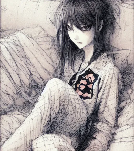 Prompt: portrait of anime girl wearing pajamas, pen and ink, intricate line drawings, by craig mullins, ruan jia, kentaro miura, greg rutkowski, loundraw