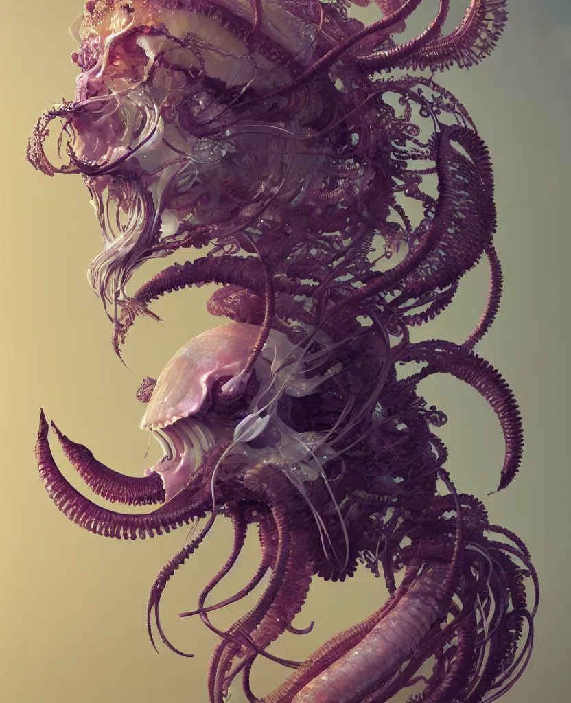 Image similar to goddess close-up portrait ram skull. jellyfish phoenix head, nautilus, orchid, ram skull, betta fish, bioluminiscent creatures, intricate artwork by Tooth Wu and wlop and beeple. octane render, trending on artstation, greg rutkowski very coherent symmetrical artwork. cinematic, hyper realism, high detail, octane render, 8k