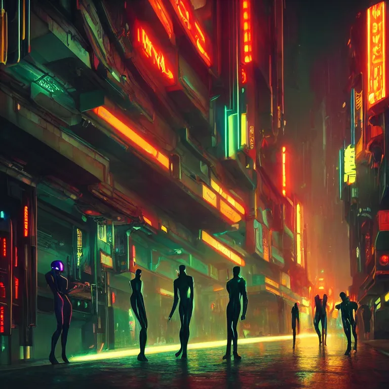 Prompt: night life scene with people dressed in futuristic clothes, cyberpunk designs, and faint glows of vivid color, cinematic, movie scene, highly detailed, polished, intricate, concept art from blade runner, octane render, cgsociety, by edward hopper and noriyoshi ohrai