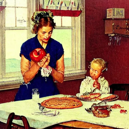 Image similar to housewife putting a hot apple pie on kitchen table, blue dress, apron, giving the middle finger to her husband, 2 children eating, artwork of norman rockwell