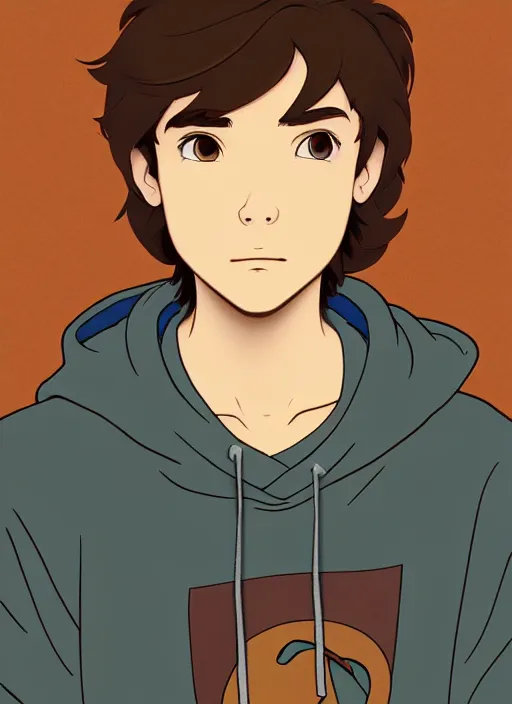 Image similar to teen boy with short brown hair, wearing a hoodie, hood up, natural lighting, path traced, highly detailed, high quality, cartoon, digital painting, by don bluth and ross tran and studio ghibli and alphonse mucha