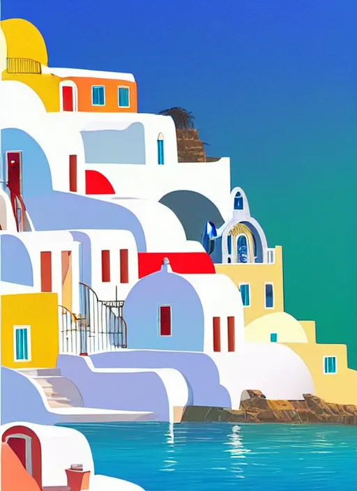 Image similar to a travel poster illustration depicting a house in santorini with an ocean view, vintage style, white architecture, digital painting, vector art, trending on artstration, by anton fadeev, by alena aenami