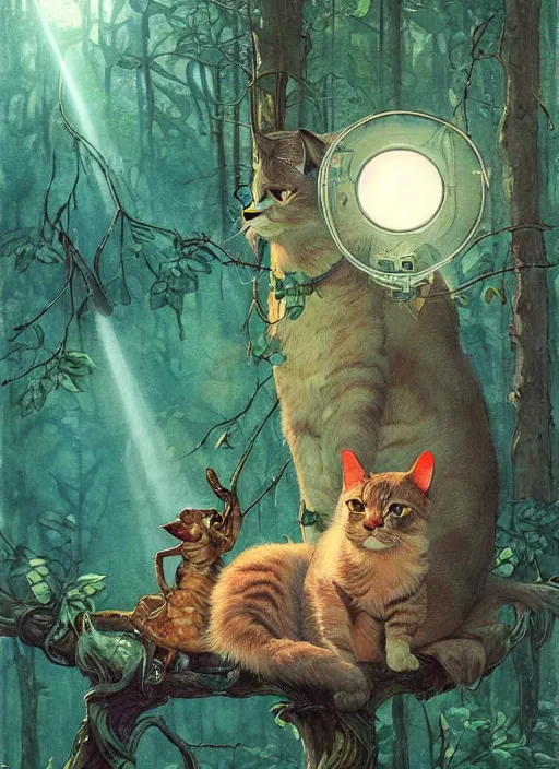 Image similar to a cat with happy lighting and technology jewelry in the woods gorgeous lighting, sunbeams blue sky, lush forest foliage painting by chiara bautista and beksinski and norman rockwell and greg rutkowski weta studio, and lucasfilm