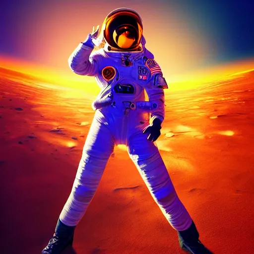 Image similar to A wide-angle shot from below of a female astronaut with an athletic feminine body walking with swagger toward camera on Mars in an infinite universe, synthwave digital art