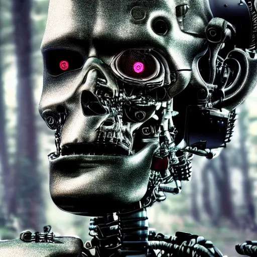 Image similar to super detailed portrait of a terminator's head, packed with cybernetics and and borg enhancements. In a forest with bokeh.