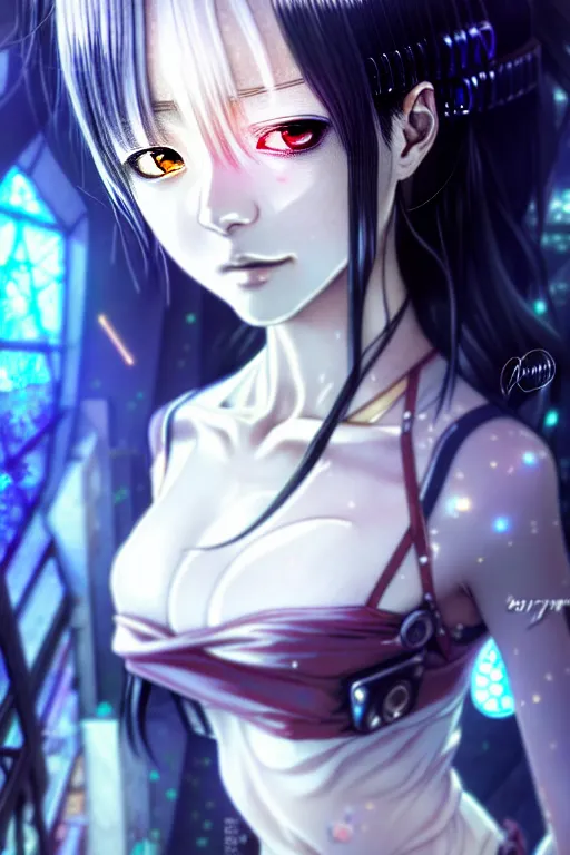 Image similar to ”ultra realistic, beautiful anime woman, modern, cyberpunk, fantasy, magical, eerie, intricate, elegant, super highly detailed, professional digital painting, artstation, concept art, smooth, sharp focus, no blur, no dof, extreme illustration, 8k resolution, beautiful, cinematic, art by artgerm and hayao miyazaki and eiichiro oda”