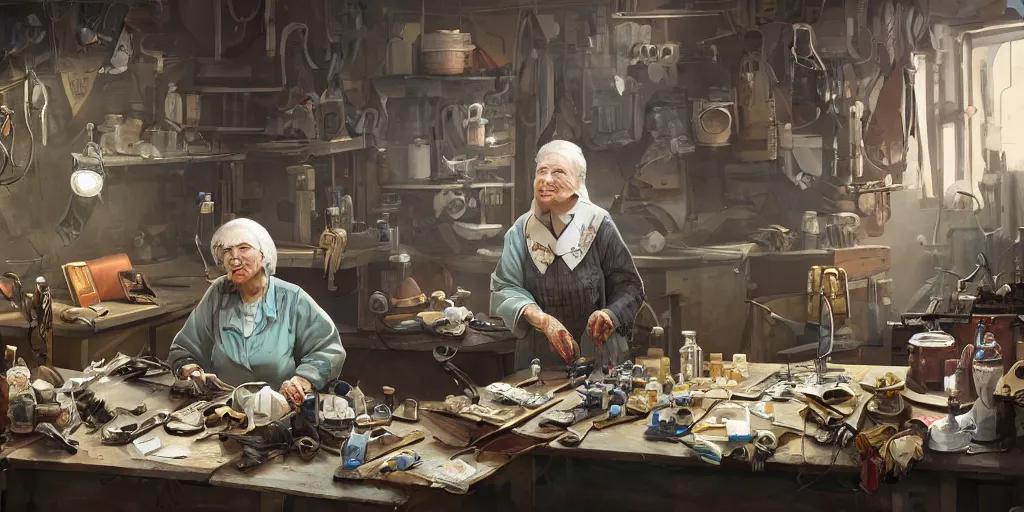 Image similar to an environmental concept art of an elderly russian woman cyberneticist in a cluttered mechanics workshop, surgical implements, surgery table, highly detailed, cinematic, dramatic, cyberpunk, dieselpunk