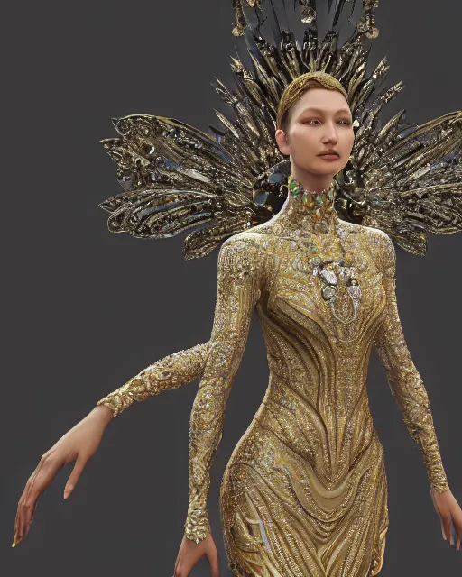 Image similar to a highly detailed metahuman 4 k close up render of a seraphim bella hadid monument renaissance in iris van herpen dress schiaparelli in diamonds crystals swarovski and jewelry iridescent in style of alphonse mucha gustav klimt trending on artstation made in unreal engine 4