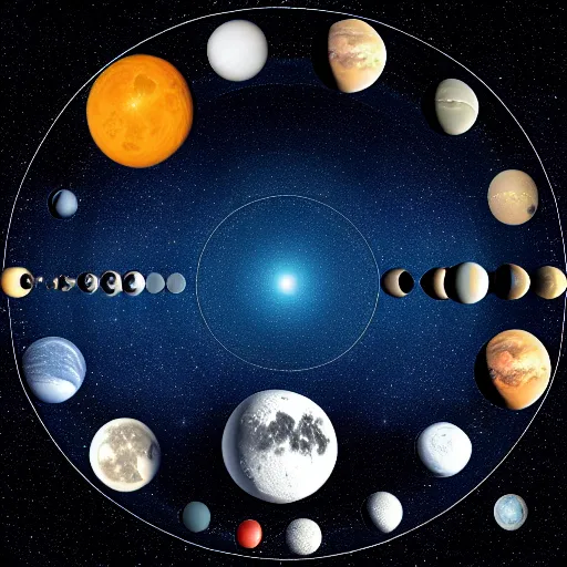 Prompt: a multilunar sky view with 2 0 different sizes and separate moons