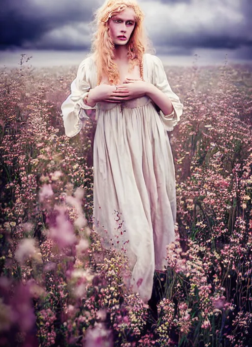 Image similar to kodak portra 1 0 0 photo medium portrait of a pre - raphaelite blond beautiful woman, dress in flowers, dreamy mood, fine art photography in style of nicholas fols, 1 5 0 mm, emotionally evoking, head in focus, stormy clouds outdoor, matt mute colour background, volumetric lighting, hyper realistic, ultra detailed