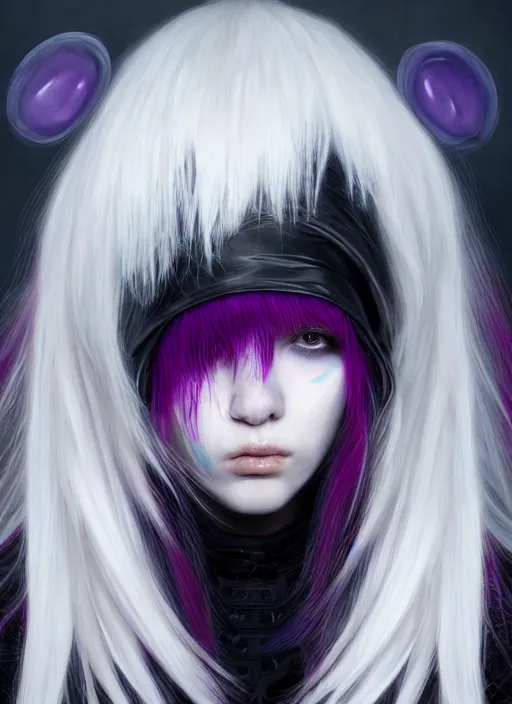 Image similar to hair whitebangs hair, black cyberlox, portrait of normal teenage girl, white bangs, messy bangs, fluffy bangs, cyberlox, whitebangs, red contact lenses, purple background, intricate, elegant, highly detailed, digital painting, artstation, concept art, sharp focus, smooth, illustration, art by wlop, mars ravelo and greg rutkowski