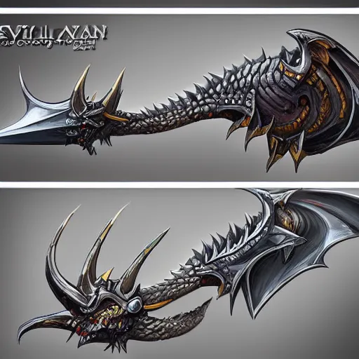 Image similar to concept art of evil dragon blade weapon, blade design, fantasy blade, fantasy, behance, pinterest, deviantart, artstation, weapons concept art, design, rpg, weapon, detailed, digital art, incredible, digital painting