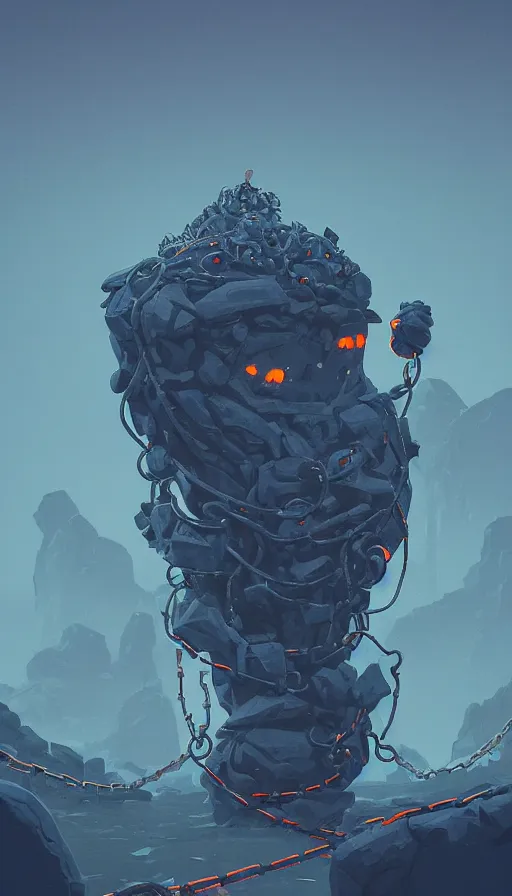 Image similar to rock monster, true evil, dormant in chains, sharp focus, james gilleard, cinematic, game art, extremely detailed digital painting
