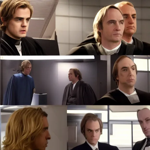 Image similar to anakin skywalker played by hayden christensen wearing jedi robes is talking to lawyers saul goodman played by bob odenkirk wearing a suit and kik wexler played by rhea seehorn in court, better call saul court scene 1 0 8 0 p, jimmy mcgill in court, court session images, realistic faces