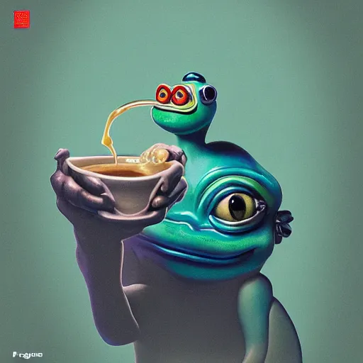 Image similar to plasticine wet shiny angle, crystal, moonlit, mirrors, camera angled dramatically, realistic, a hyperdetailed design of pepe the frog drinking coffee, wearing blue shirt, ferocious, chinese mythology, victo nga, fumo yoshitoshi, ren jing jeong, feifei ruan, peter mohrbacher, takato yamamoto