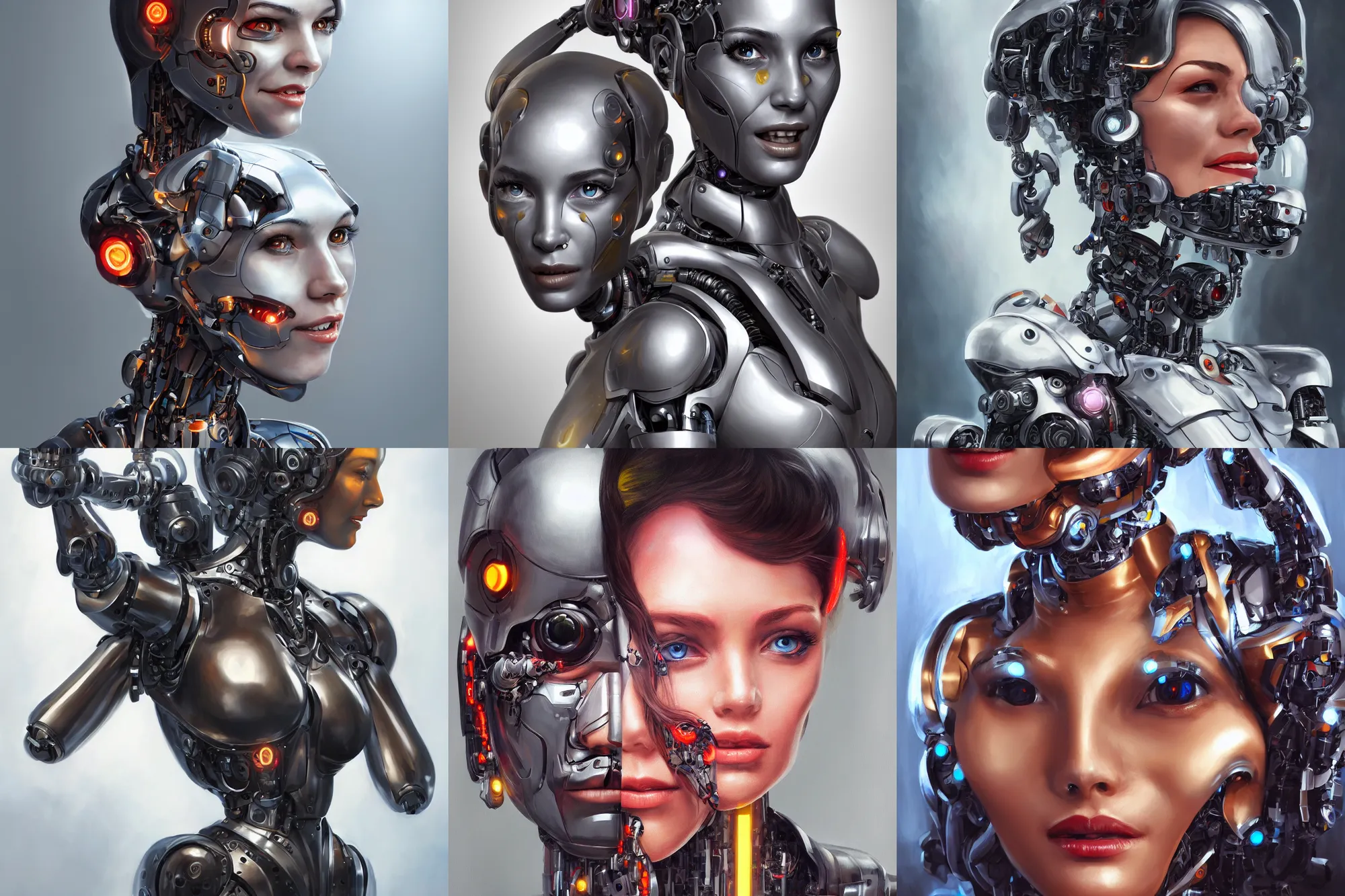 Prompt: cheerful cyborg robot woman portrait painting, looking straight, trending on artstation, 4k, realism, detailed, ornate, avatar picture