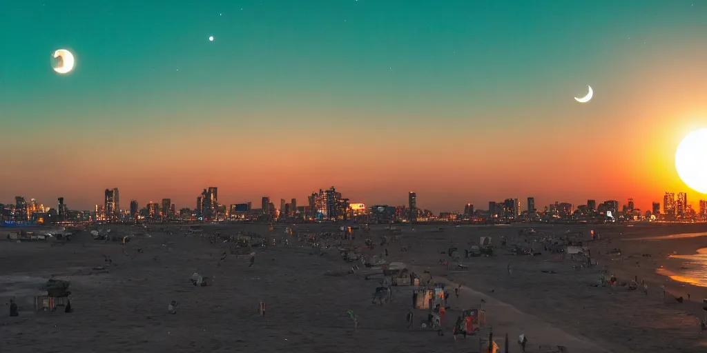 Prompt: a high detail photograph of a sunset at a beach, cyberpunk city in the distance, night time, two moons in the sky, realism, 8 k, award winning photograph