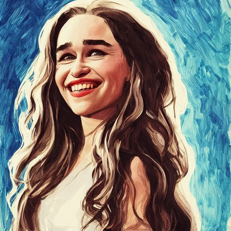 Image similar to an amaze - art painting of emilia clarke using single line, amaze art, smiling face