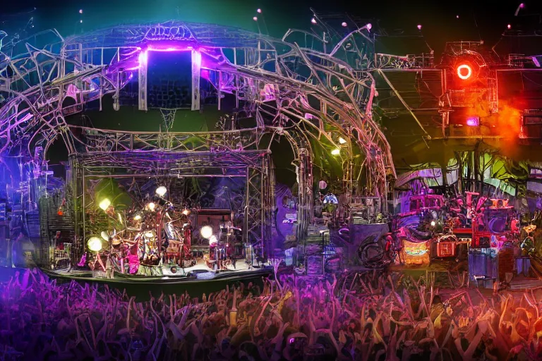 Image similar to an outdoor festival stage with audience, on stage is a rockband with 3 steampunk robots with guitars and drums, center of the stage is a big steampunk generator, laser show, 8 k, fluorescent colors, halluzinogenic, multicolored, exaggerated detailed, unreal engine, 8 0 mm lens