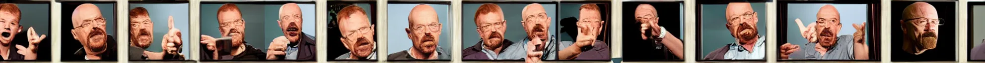 Prompt: 8 consistent frames from a video showing walter white talking and pointing at a baby