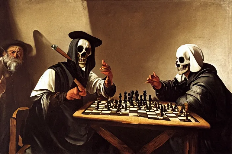 Prompt: baroque portait painting of the skull face grim reaper and an old man playing chess in a tavern, by caravaggio and rembrandt and artemisia gentileschi, masterpiece, high resolution, very detailed, oil on canvas, trending on artstation, unreal engine