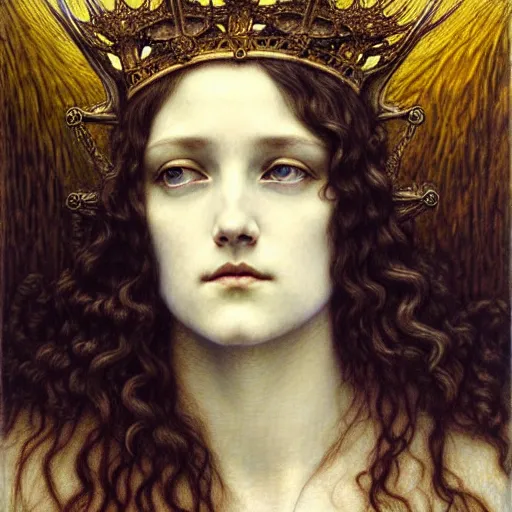 Prompt: detailed realistic beautiful young radiant medieval queen portrait by jean delville, gustave dore and marco mazzoni, art nouveau, symbolist, visionary, gothic, pre - raphaelite, horizontal symmetry