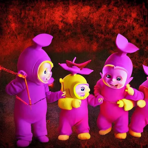 Prompt: the teletubbies performing a satanic ritual around a pentagram, horror, 4k digital art, dark, moody