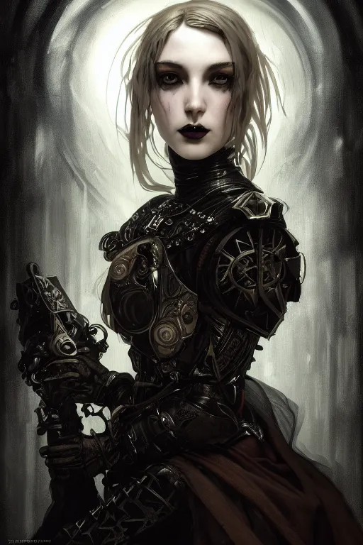 Image similar to beautiful and gothic and evil and luxury and dieselpunk young medieval female knight portrait +smoky eyes+front face with light flowing hair, ultradetail face, art and illustration by tian zi and craig mullins and WLOP and alphonse mucha, fantasy, intricate complexity, human structure, human anatomy, fantasy character concept, watermark, blurry, hyperrealism 8k